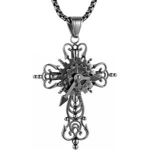 Silver Cross Necklace Steel Turntable Gear Steampunk Style